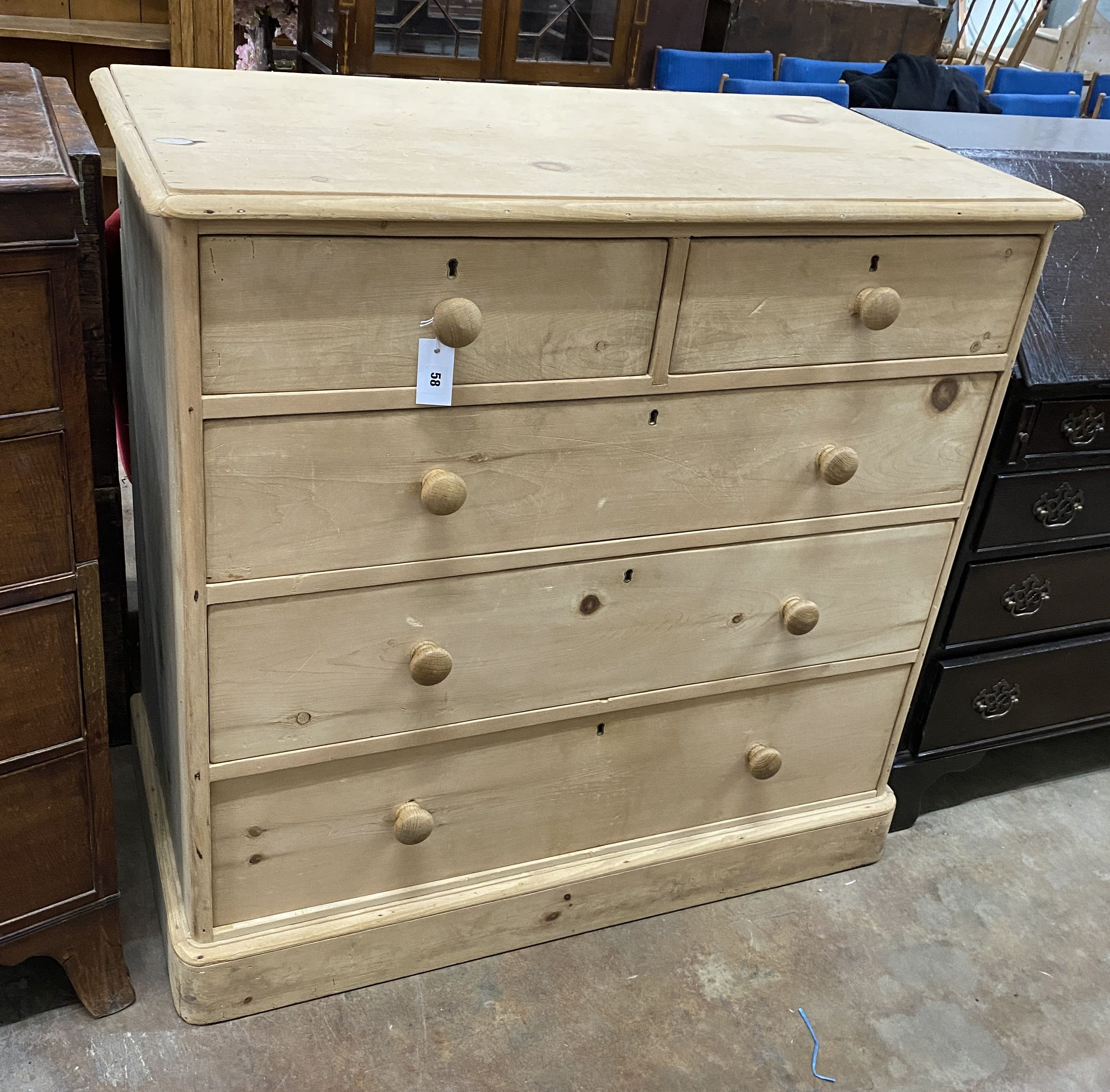 A Victorian stripped pine chest, width 105cm, depth 56cm, height 103cm